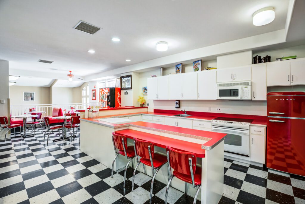 Senior living cafe with checkered floor